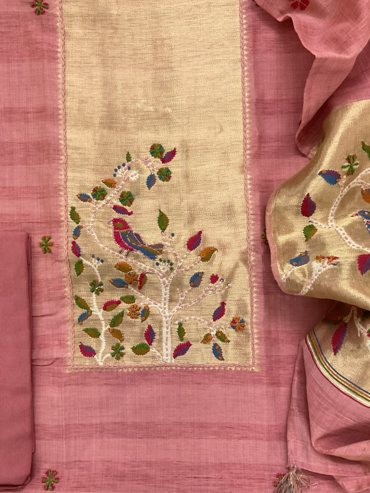 Soft Tissue Raw Silk Paithani Weaved Embroidered Suit - Pink