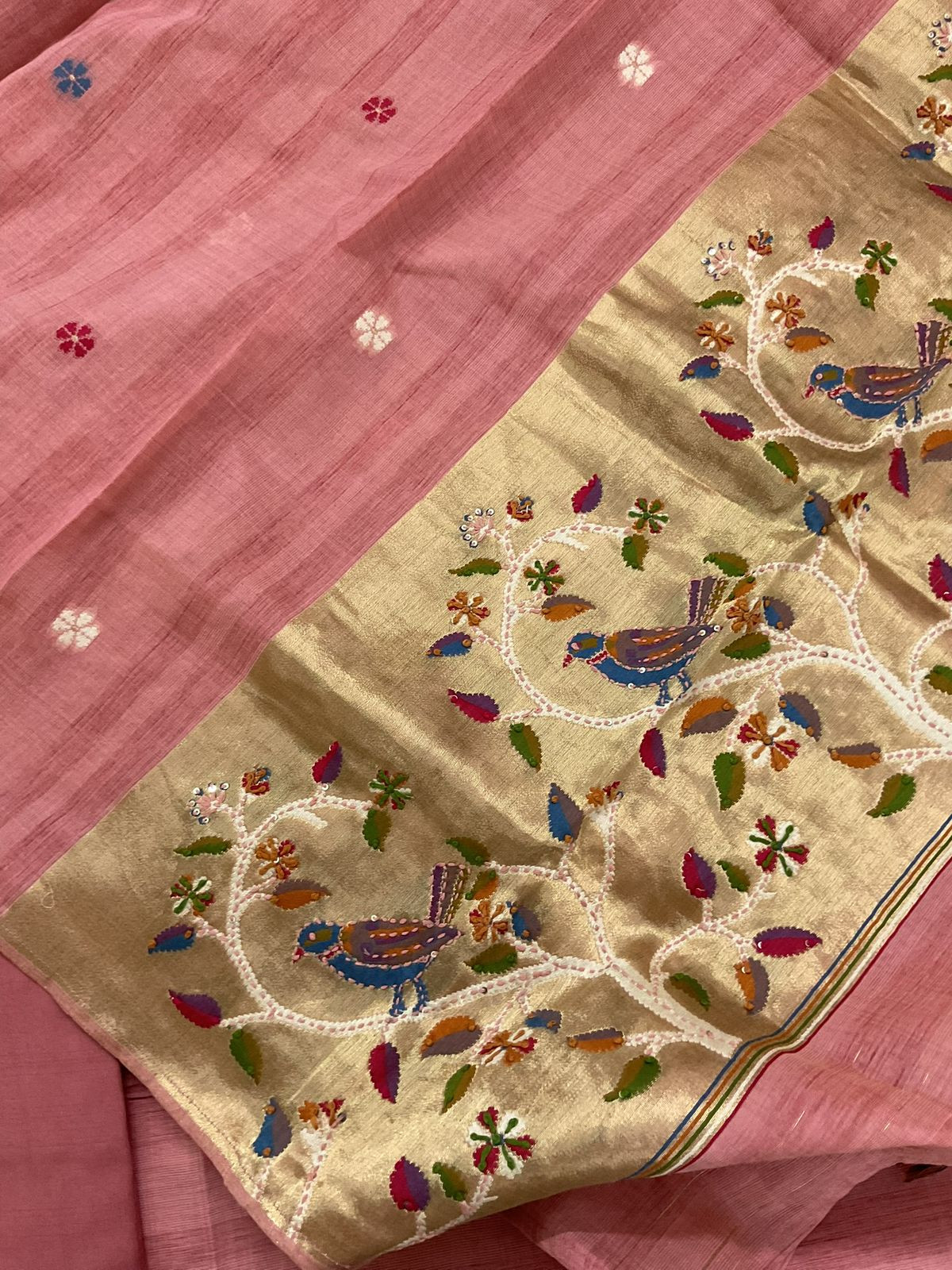 Soft Tissue Raw Silk Paithani Weaved Embroidered Suit - Pink
