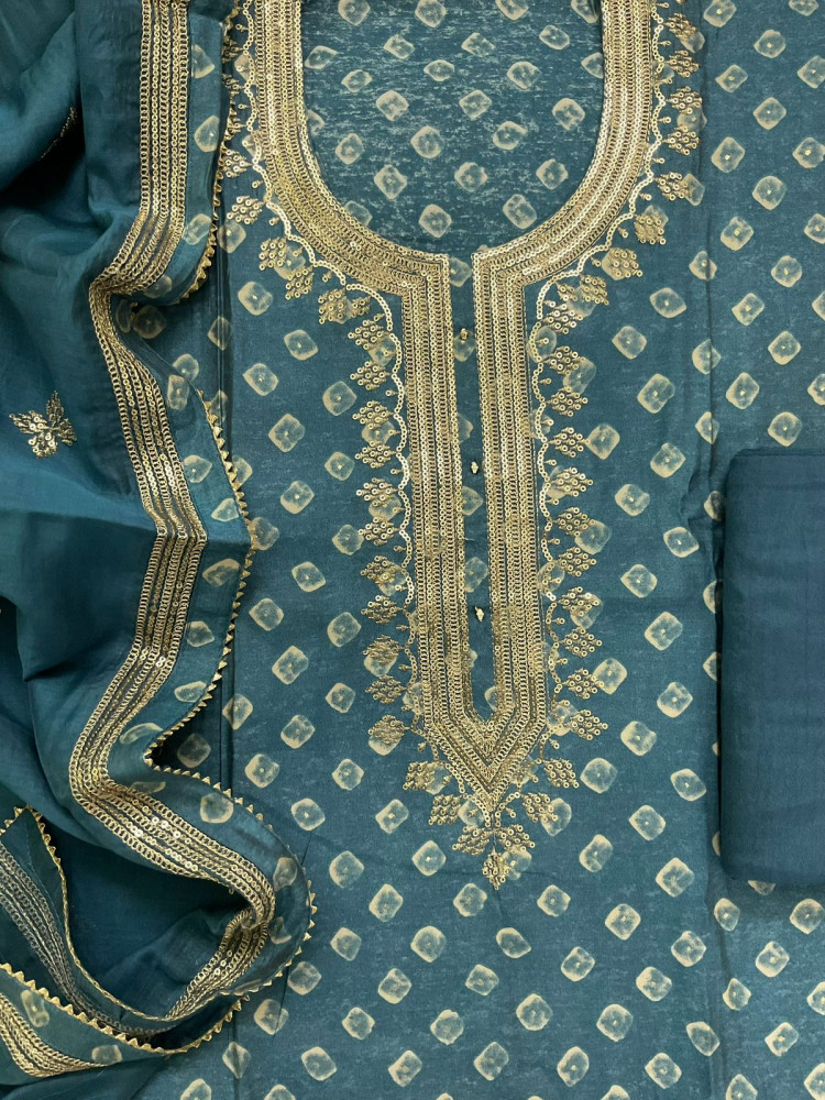 Image of Soft Muslin Printed Embroidered Suit - Blue