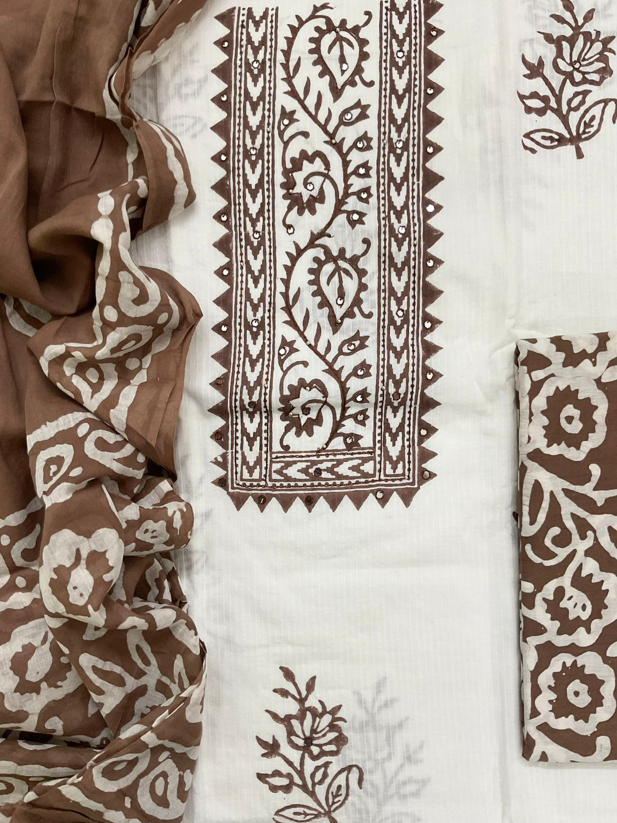 Pure Cotton Self Weaved Prinetd Embroidered Suit - Off White