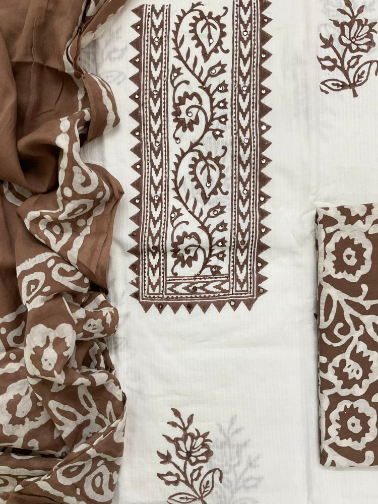 Image of Pure Cotton Self Weaved Prinetd Embroidered Suit - Off White