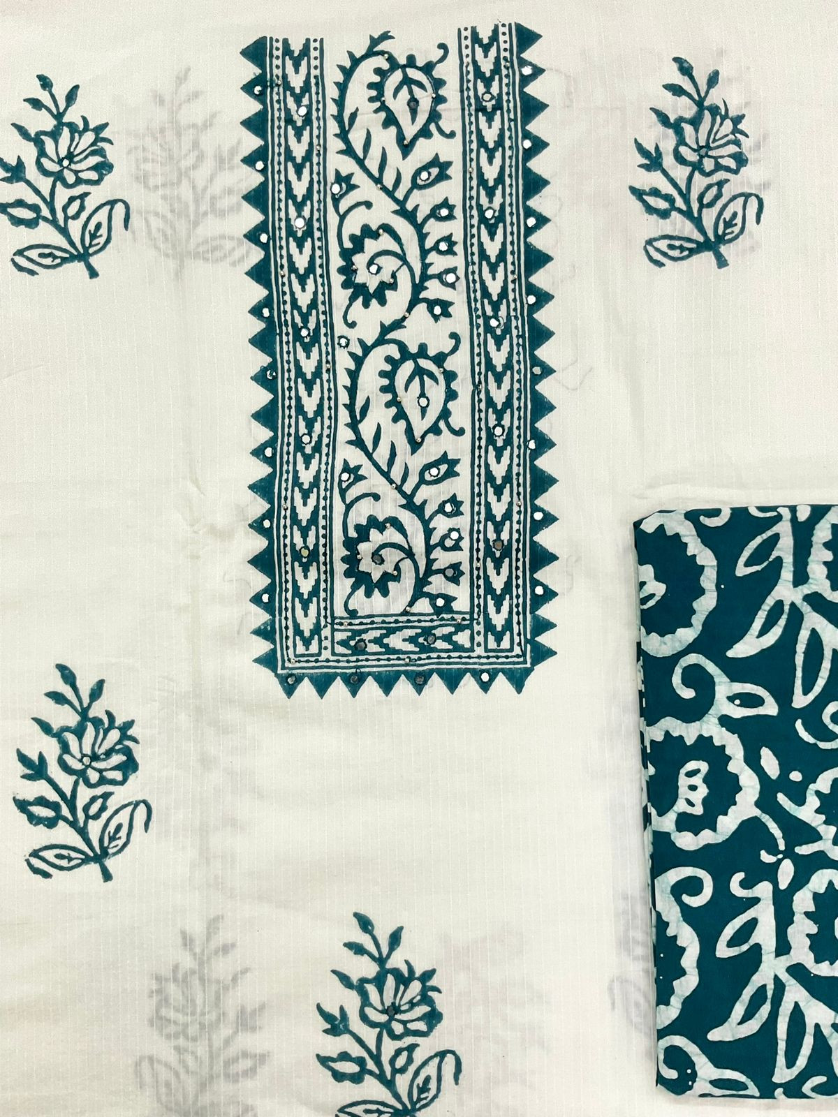 Pure Cotton Self Weaved Prinetd Embroidered Suit - Off White