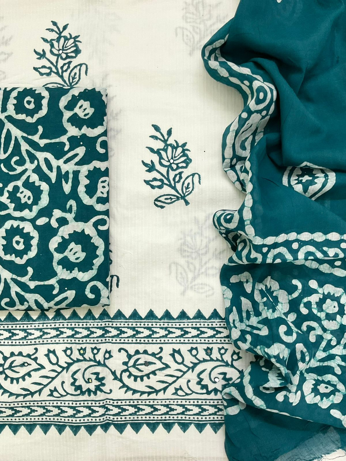 Pure Cotton Self Weaved Prinetd Embroidered Suit - Off White