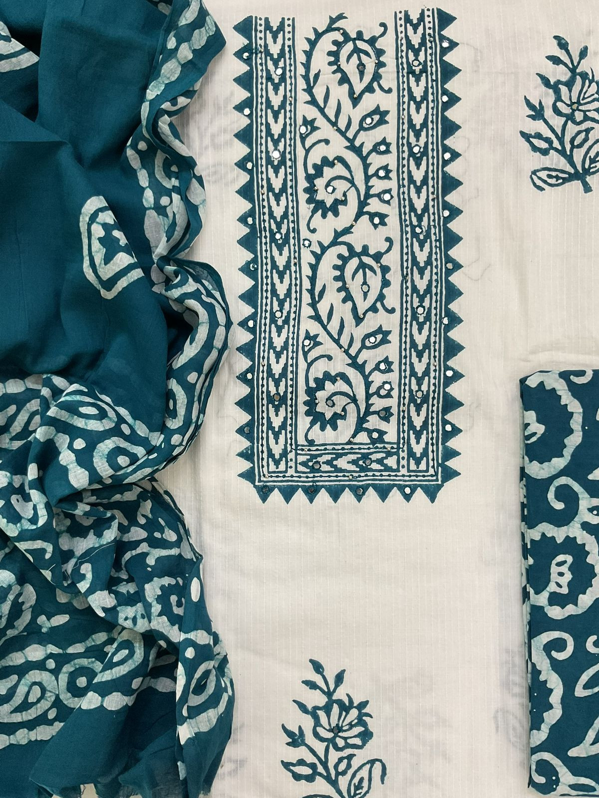 Pure Cotton Self Weaved Prinetd Embroidered Suit - Off White