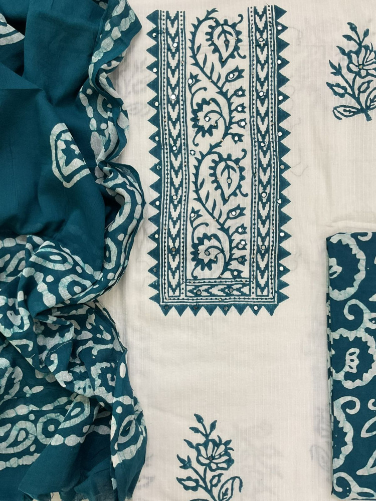 Image of Pure Cotton Self Weaved Prinetd Embroidered Suit - Off White