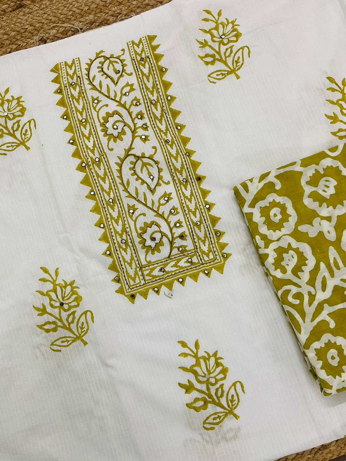 Pure Cotton Self Weaved Prinetd Embroidered Suit - Off White