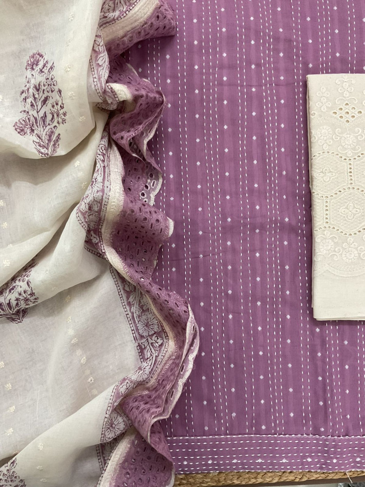 Image of Pure Handloom Cotton Self Weaved Prinetd Embroidered Suit - Lavender