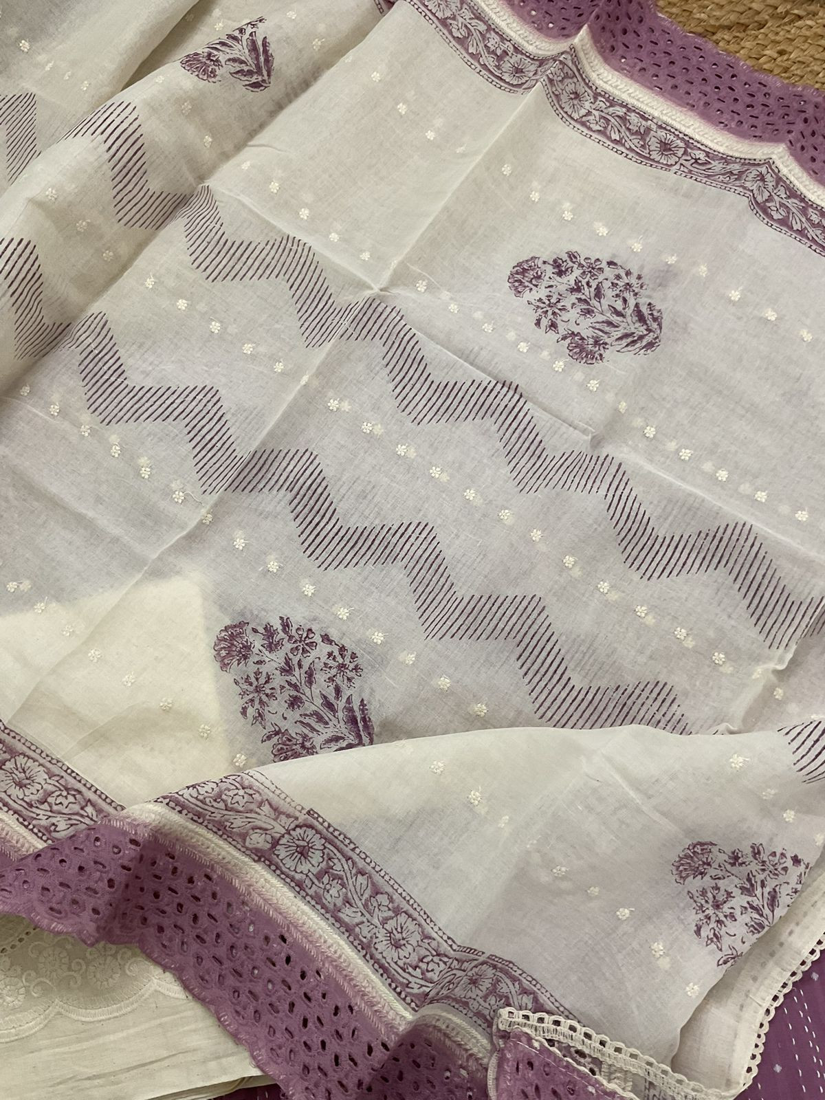 Pure Handloom Cotton Self Weaved Prinetd Embroidered Suit - Lavender