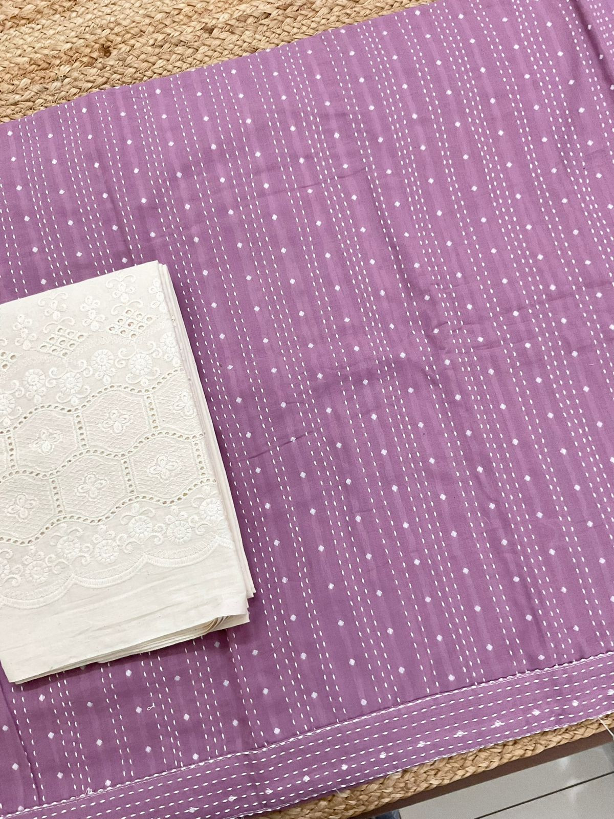 Pure Handloom Cotton Self Weaved Prinetd Embroidered Suit - Lavender