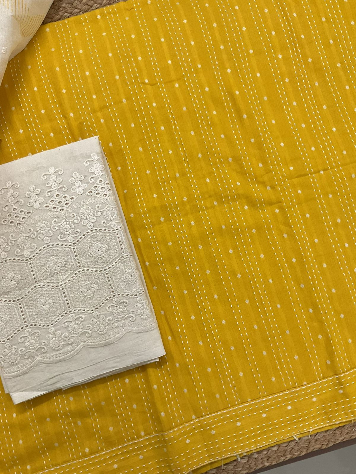 Pure Handloom Cotton Self Weaved Printed Embroidered Suit - Yellow
