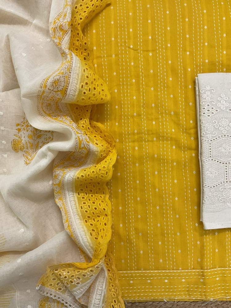Image of Pure Handloom Cotton Self Weaved Printed Embroidered Suit - Yellow