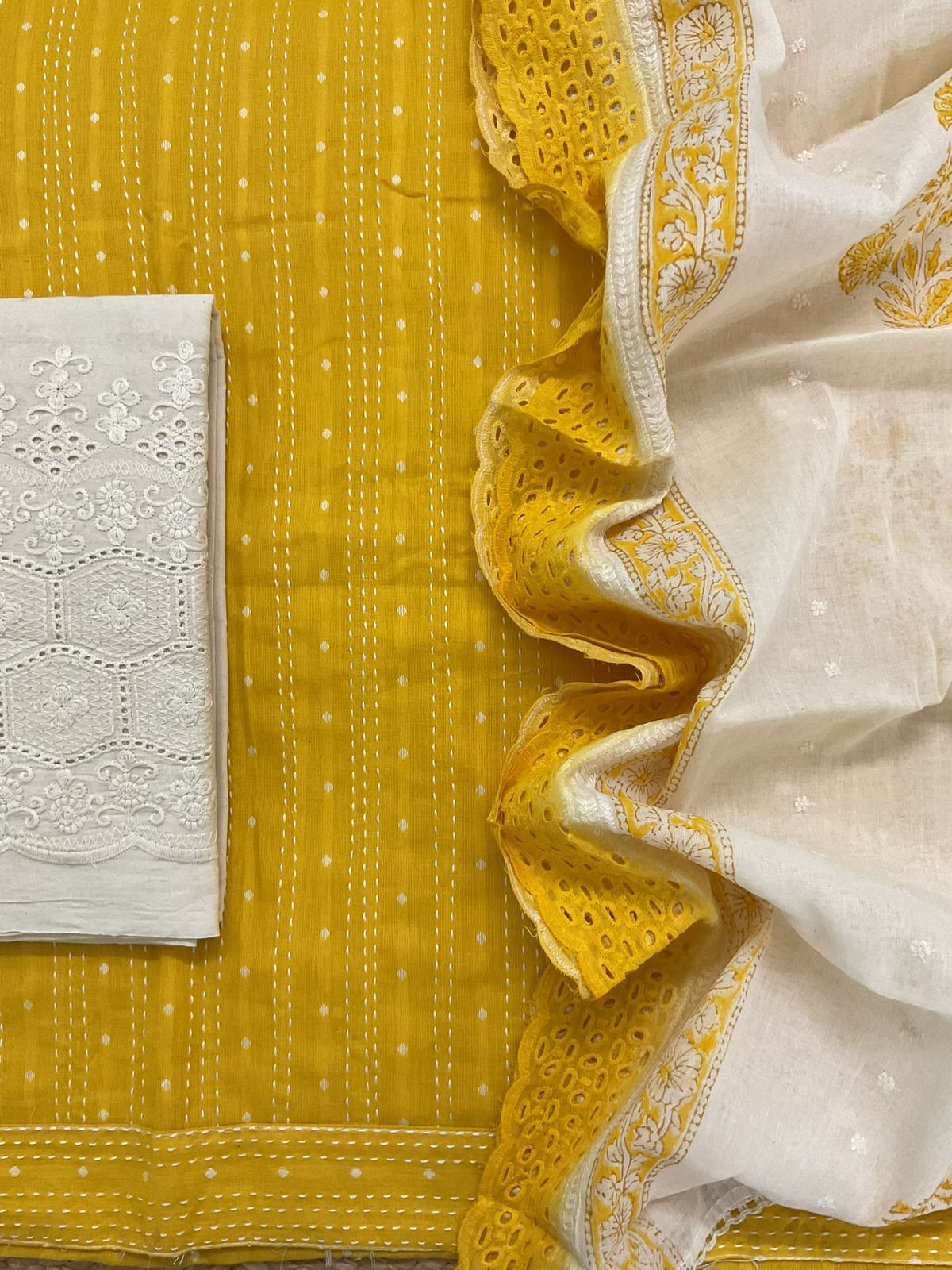 Pure Handloom Cotton Self Weaved Printed Embroidered Suit - Yellow