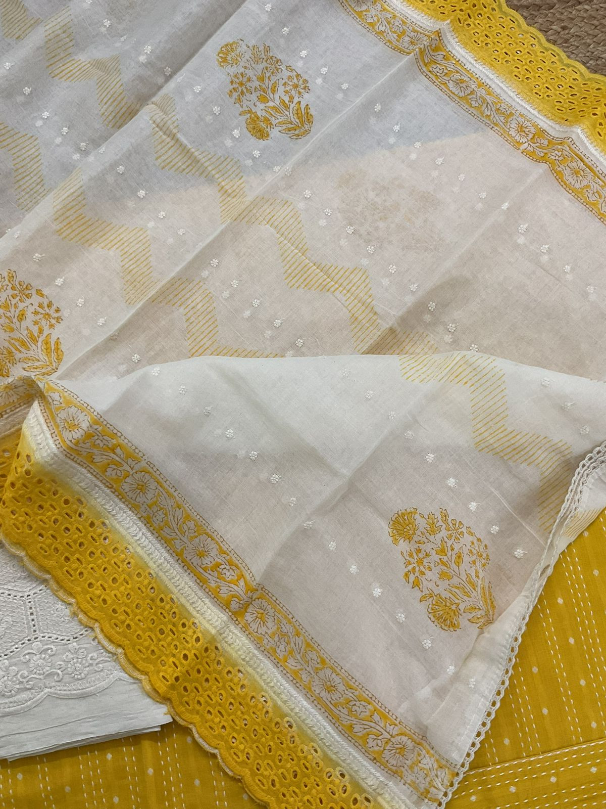 Pure Handloom Cotton Self Weaved Printed Embroidered Suit - Yellow