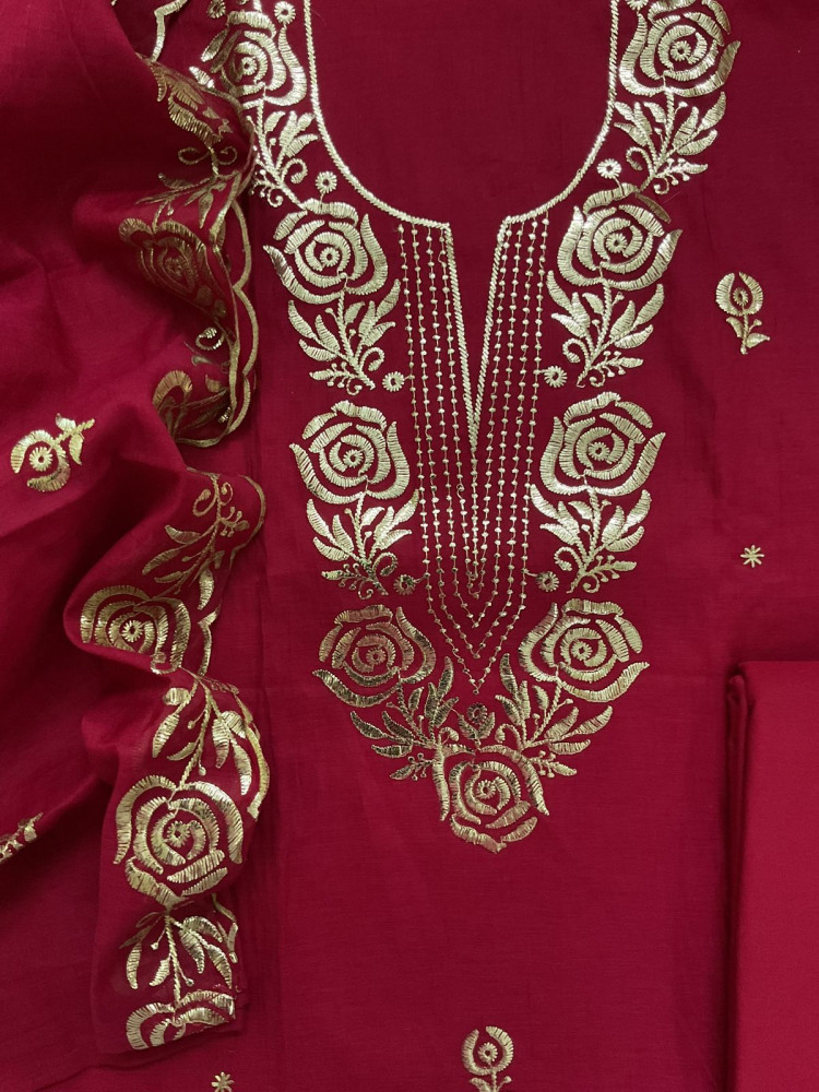 Image of Soft Chanderi Embroidered Suit - Maroon