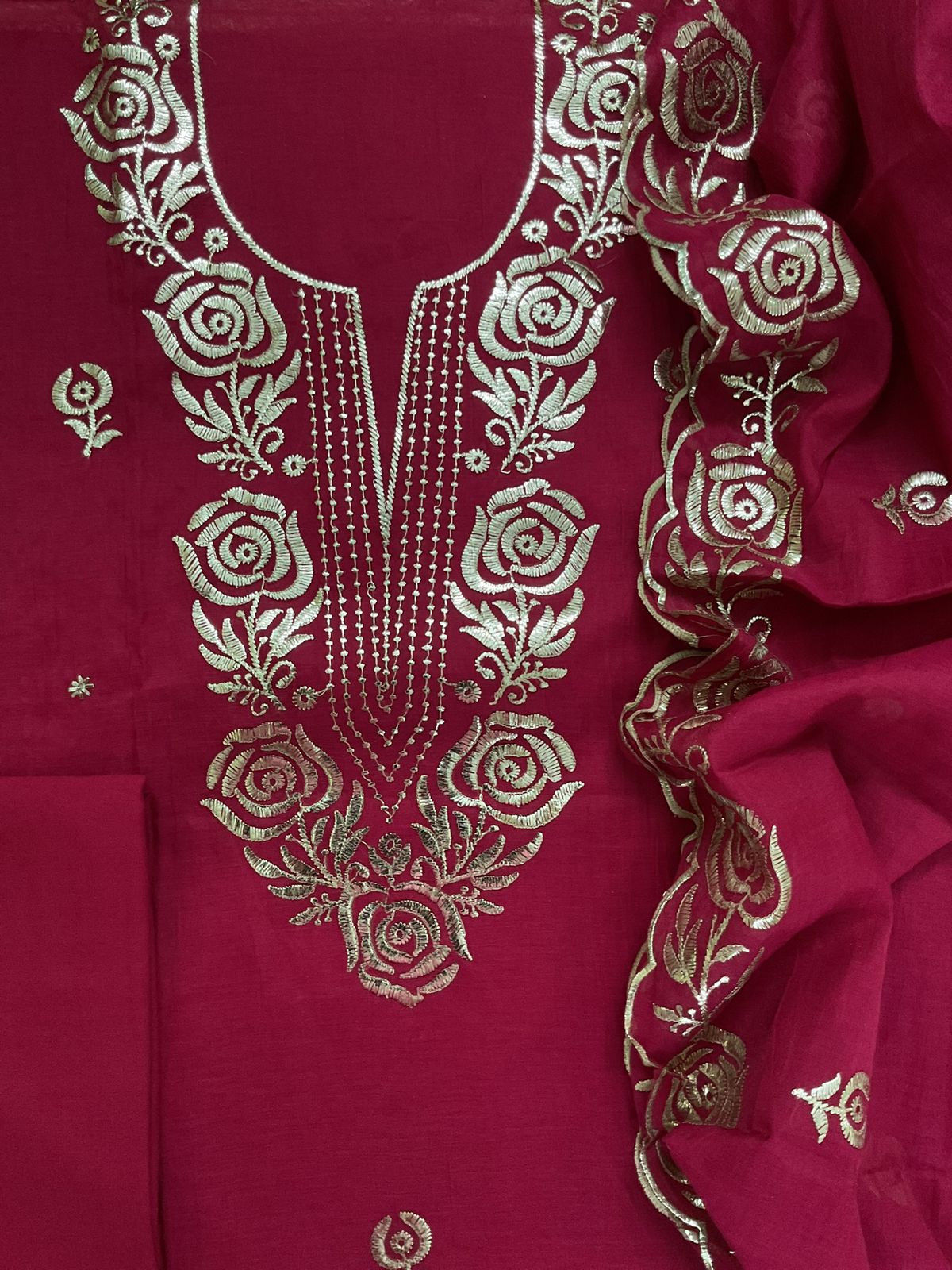 Soft Chanderi Embroidered Suit - Maroon