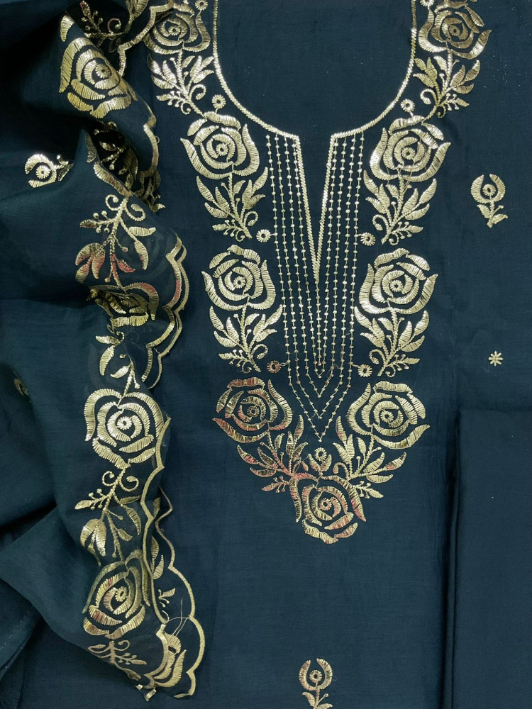 Image of Soft Chanderi Embroidered Suit - Blue