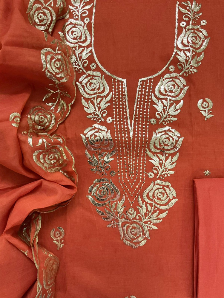 Image of Soft Chanderi Embroidered Suit - Orange