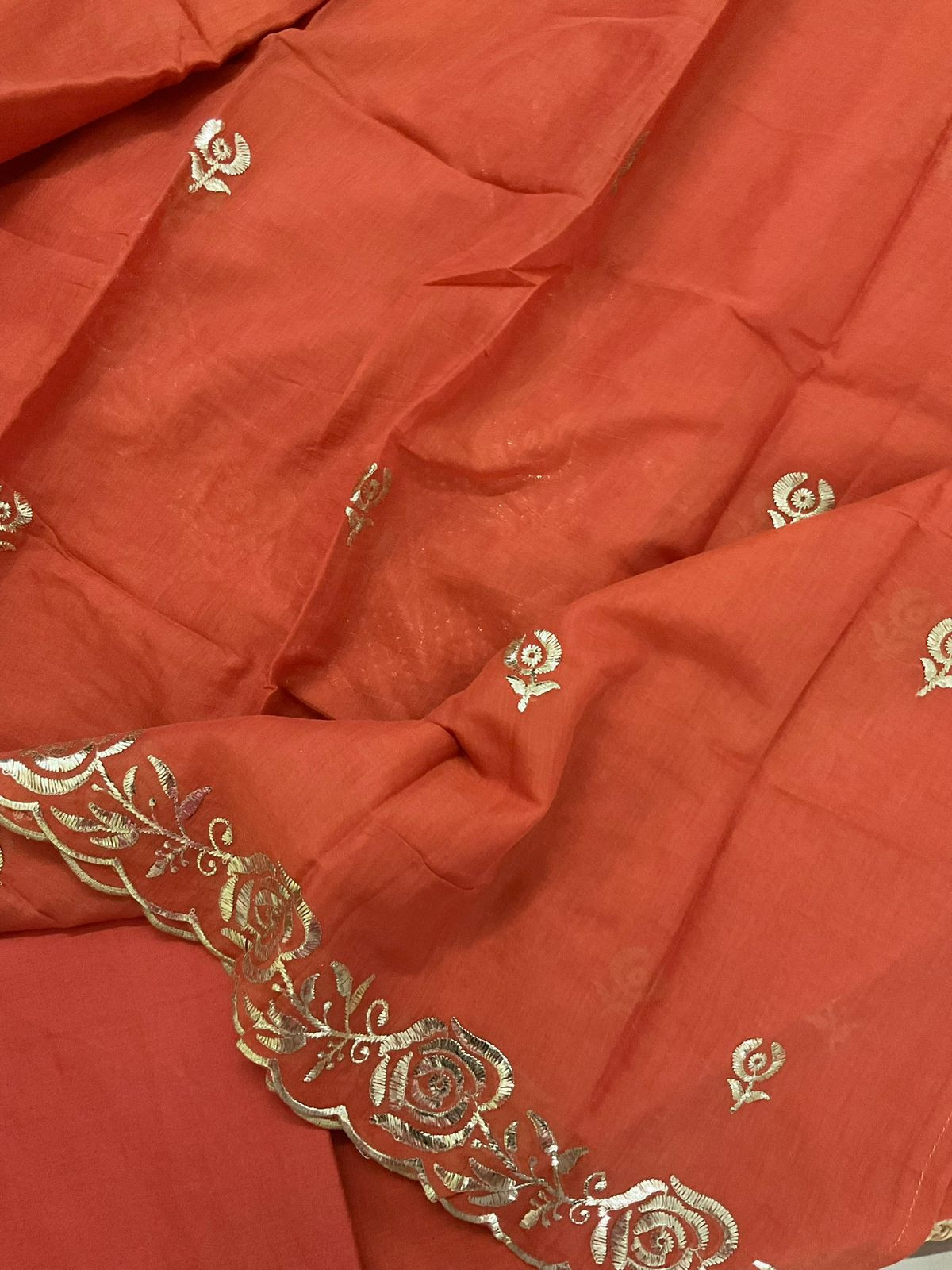 Soft Chanderi Embroidered Suit - Orange