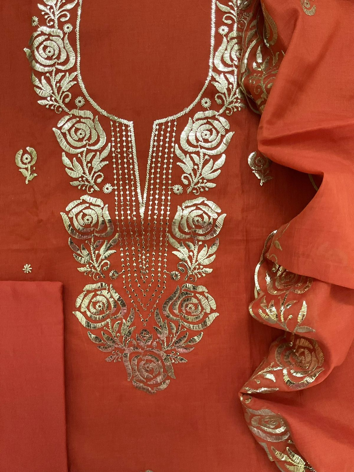Soft Chanderi Embroidered Suit - Orange