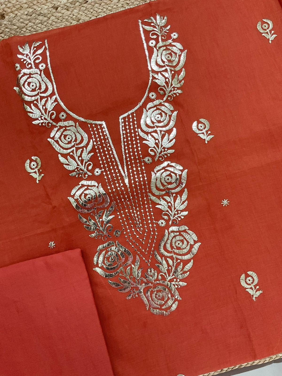 Soft Chanderi Embroidered Suit - Orange