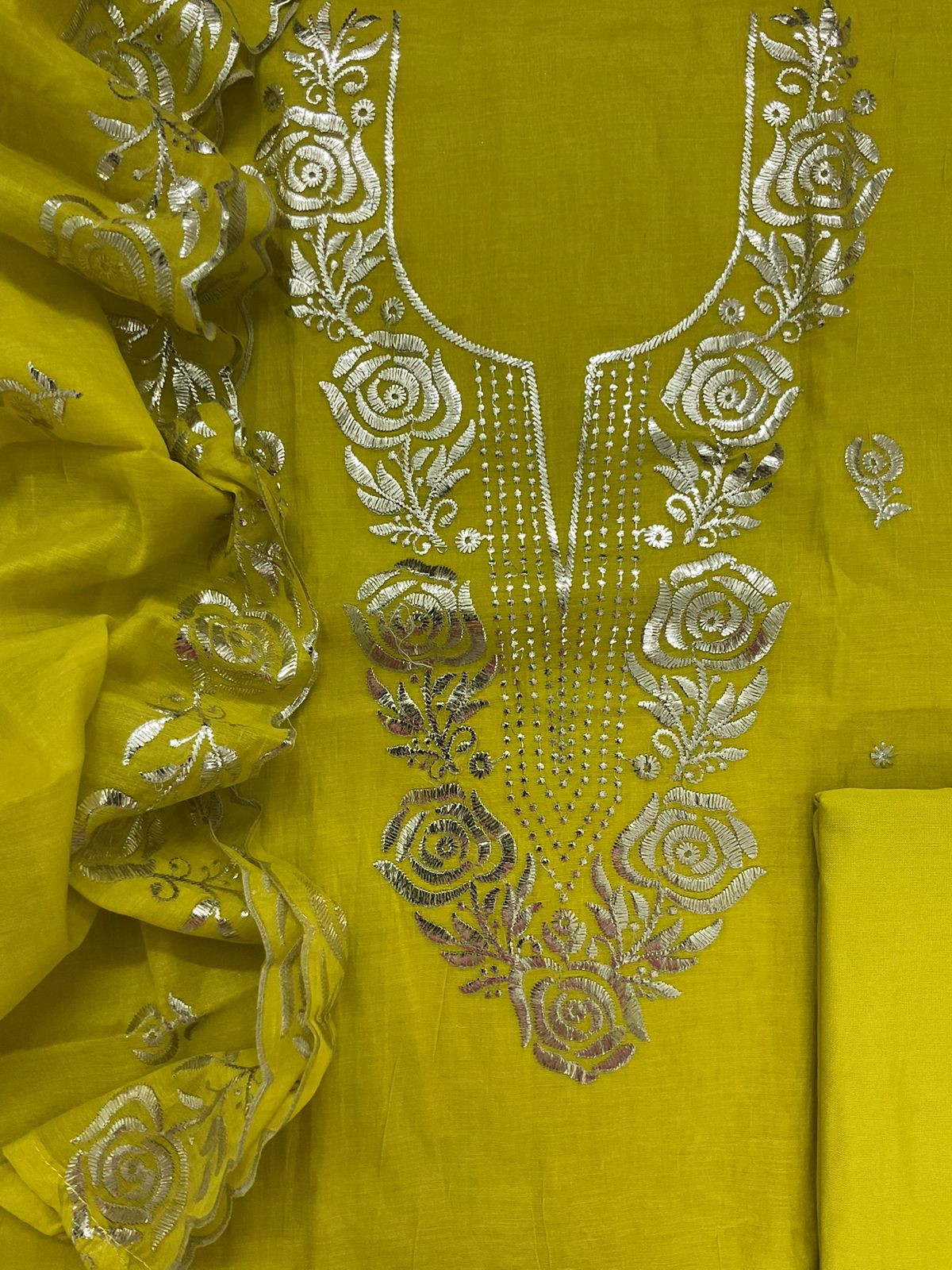 Soft Chanderi Embroidered Suit - Lime Green