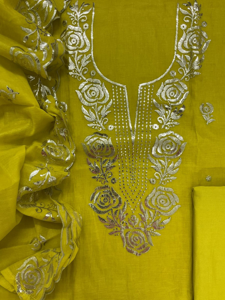 Image of Soft Chanderi Embroidered Suit - Lime Green