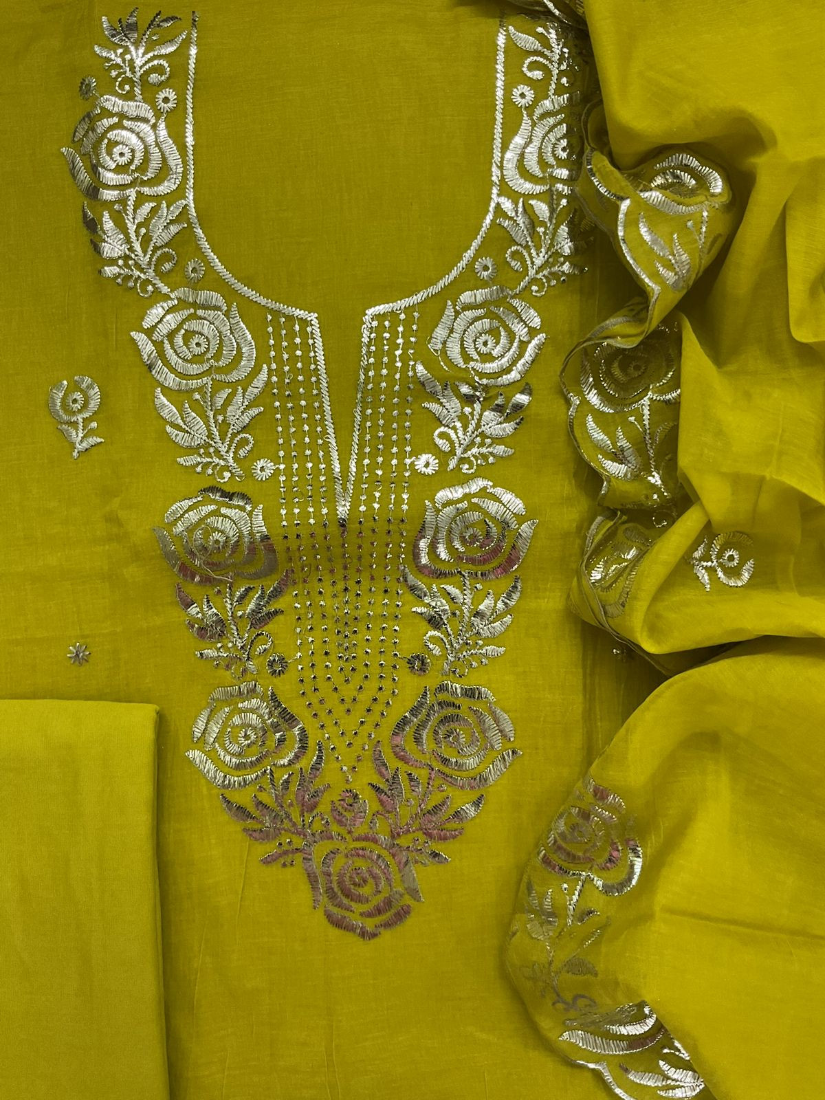 Soft Chanderi Embroidered Suit - Lime Green