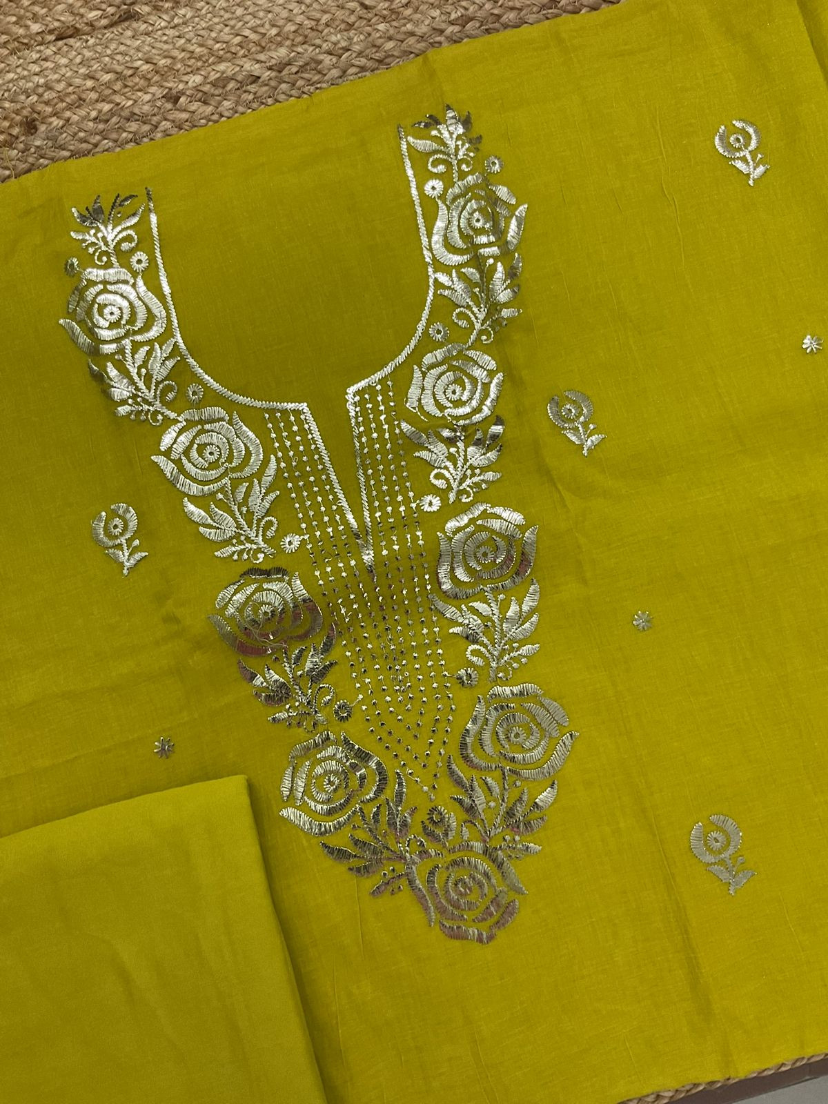 Soft Chanderi Embroidered Suit - Lime Green