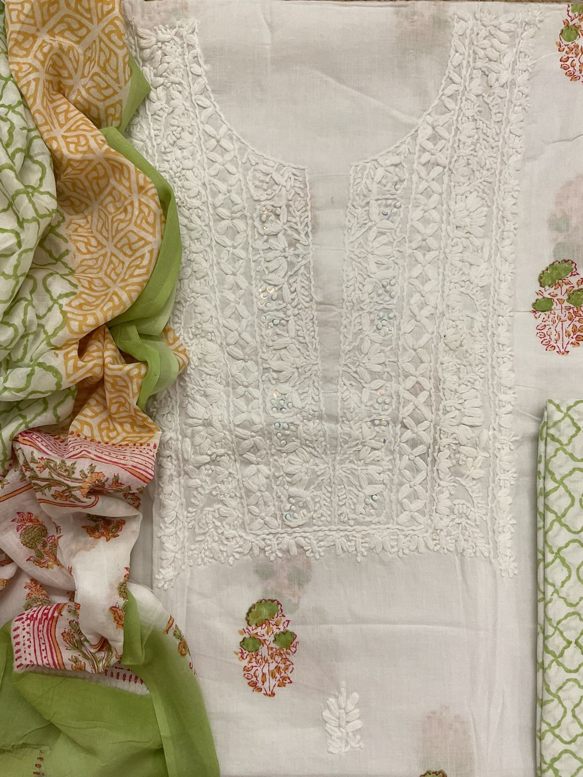 Pure Cotton Printed Embroidered Suit - White