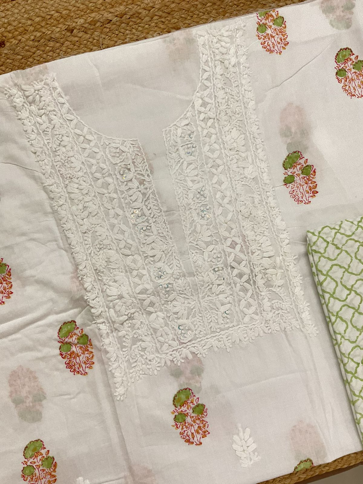 Pure Cotton Printed Embroidered Suit - White