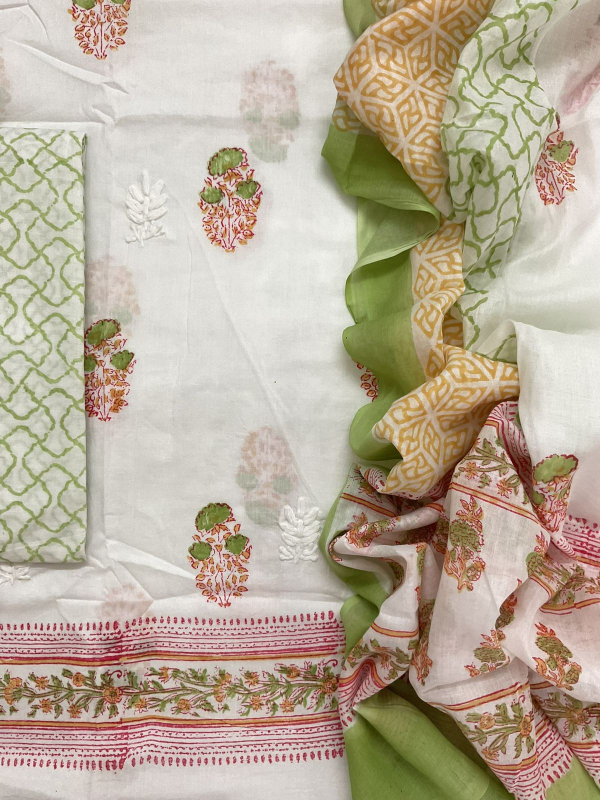 Pure Cotton Printed Embroidered Suit - White