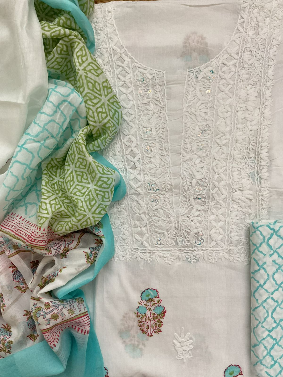 Pure Cotton Printed Embroidered Suit - White