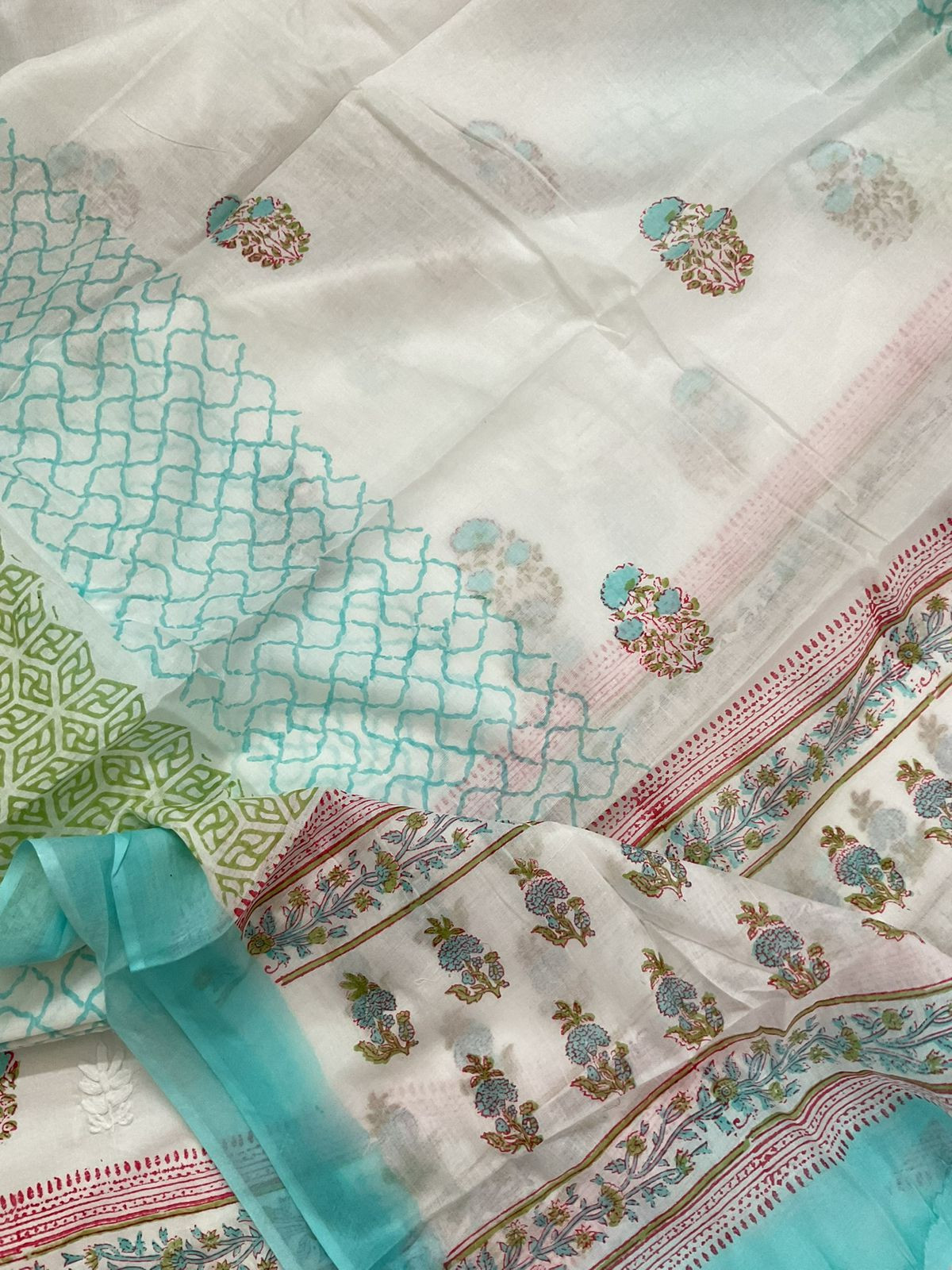 Pure Cotton Printed Embroidered Suit - White