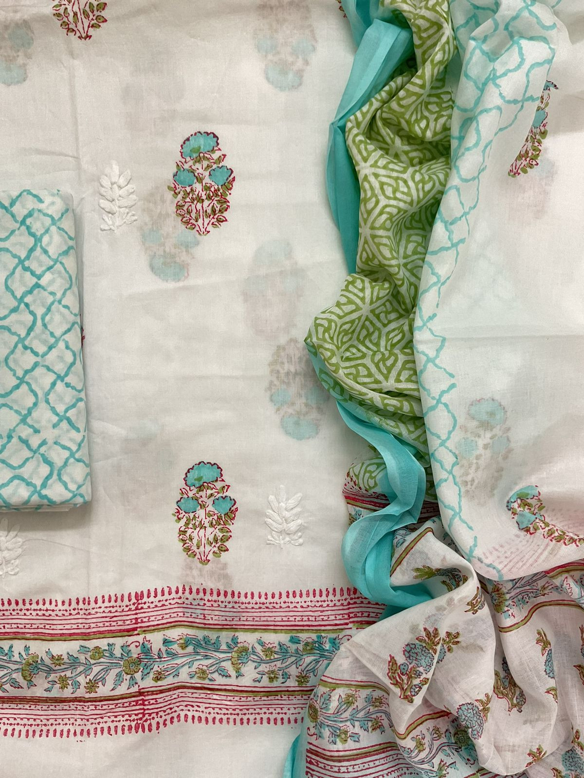 Pure Cotton Printed Embroidered Suit - White