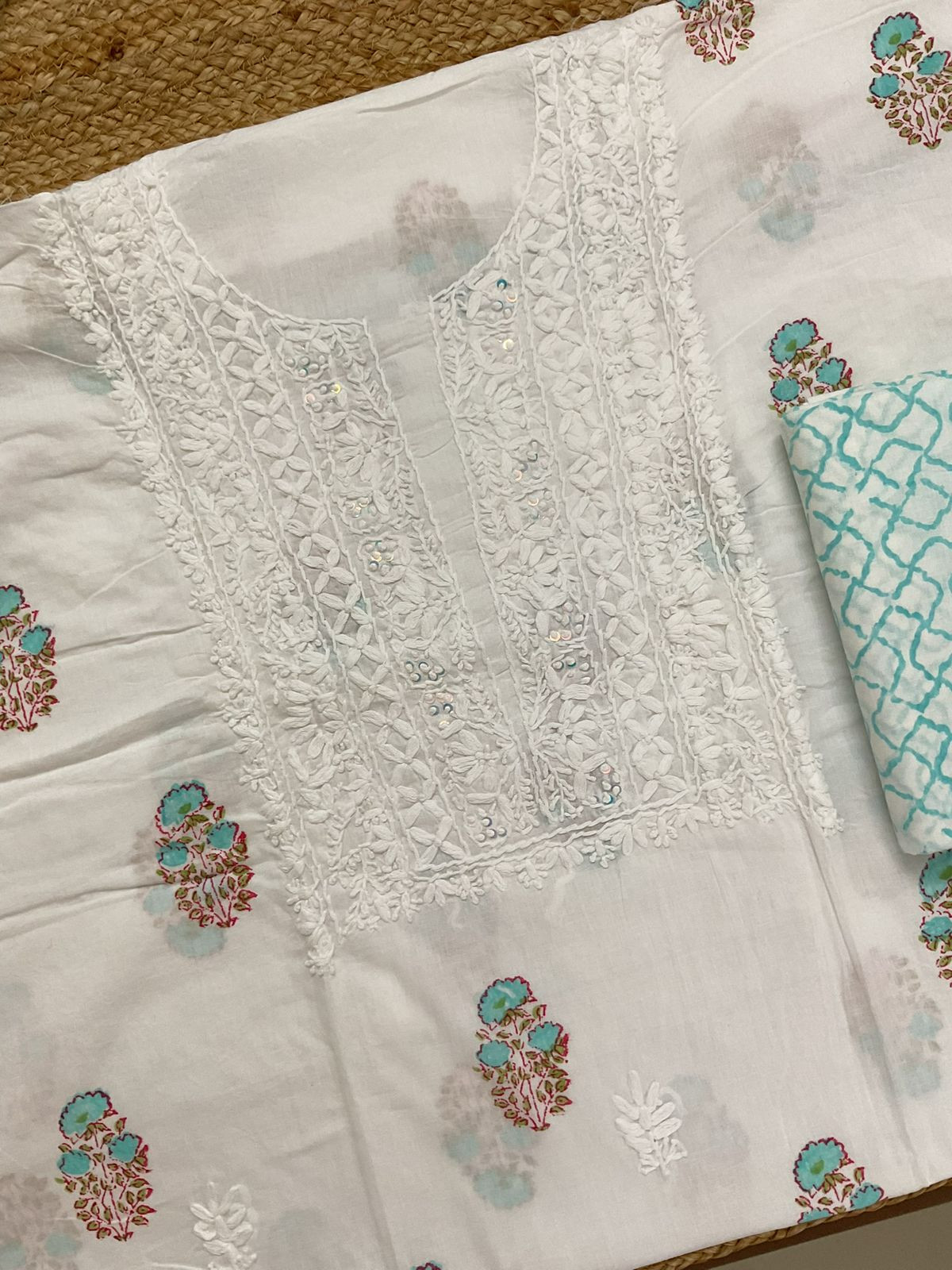 Pure Cotton Printed Embroidered Suit - White