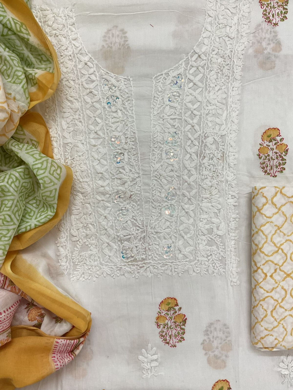 Pure Cotton Printed Embroidered Suit - White