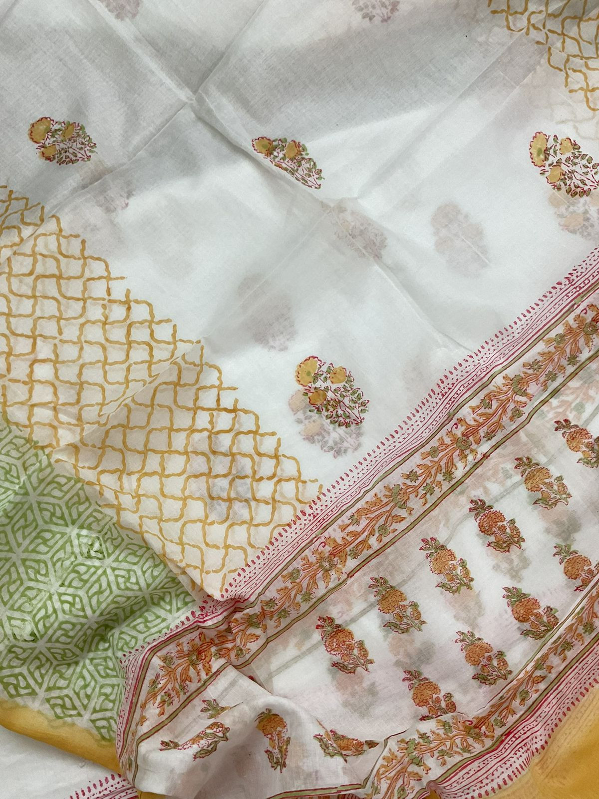 Pure Cotton Printed Embroidered Suit - White