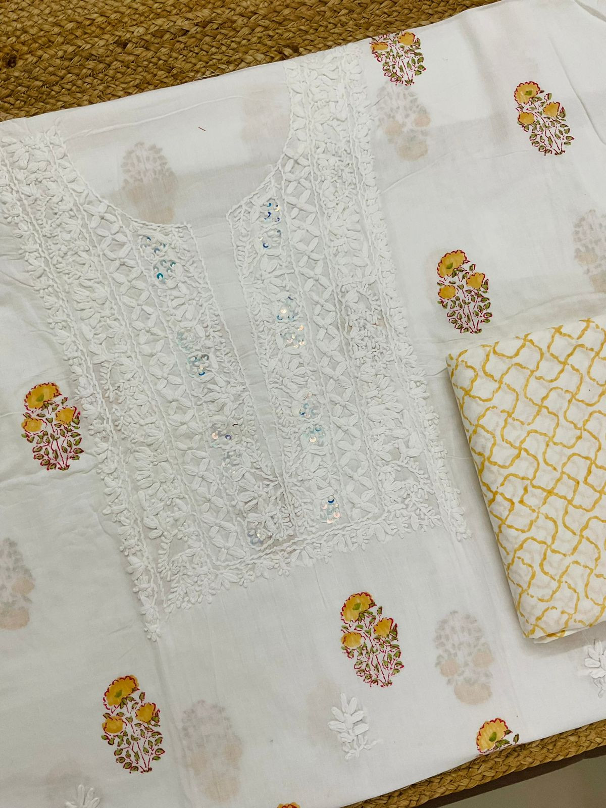 Pure Cotton Printed Embroidered Suit - White