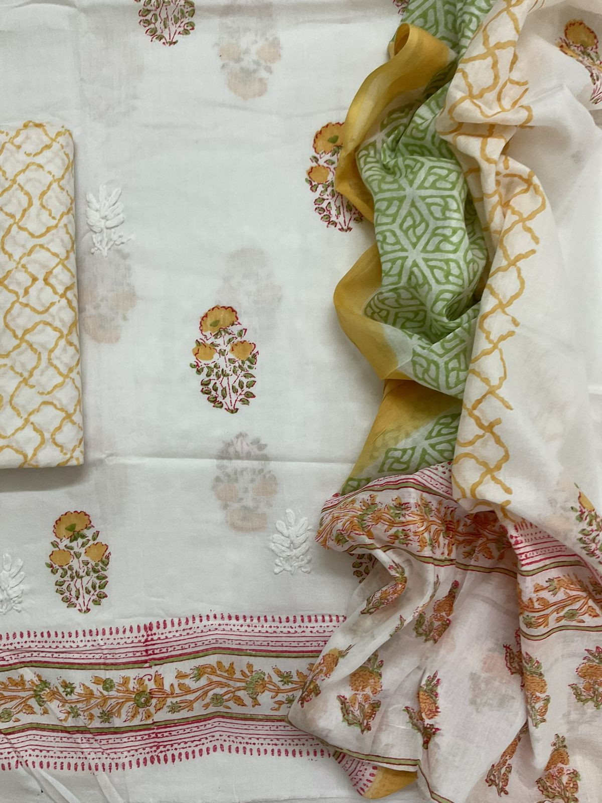 Pure Cotton Printed Embroidered Suit - White