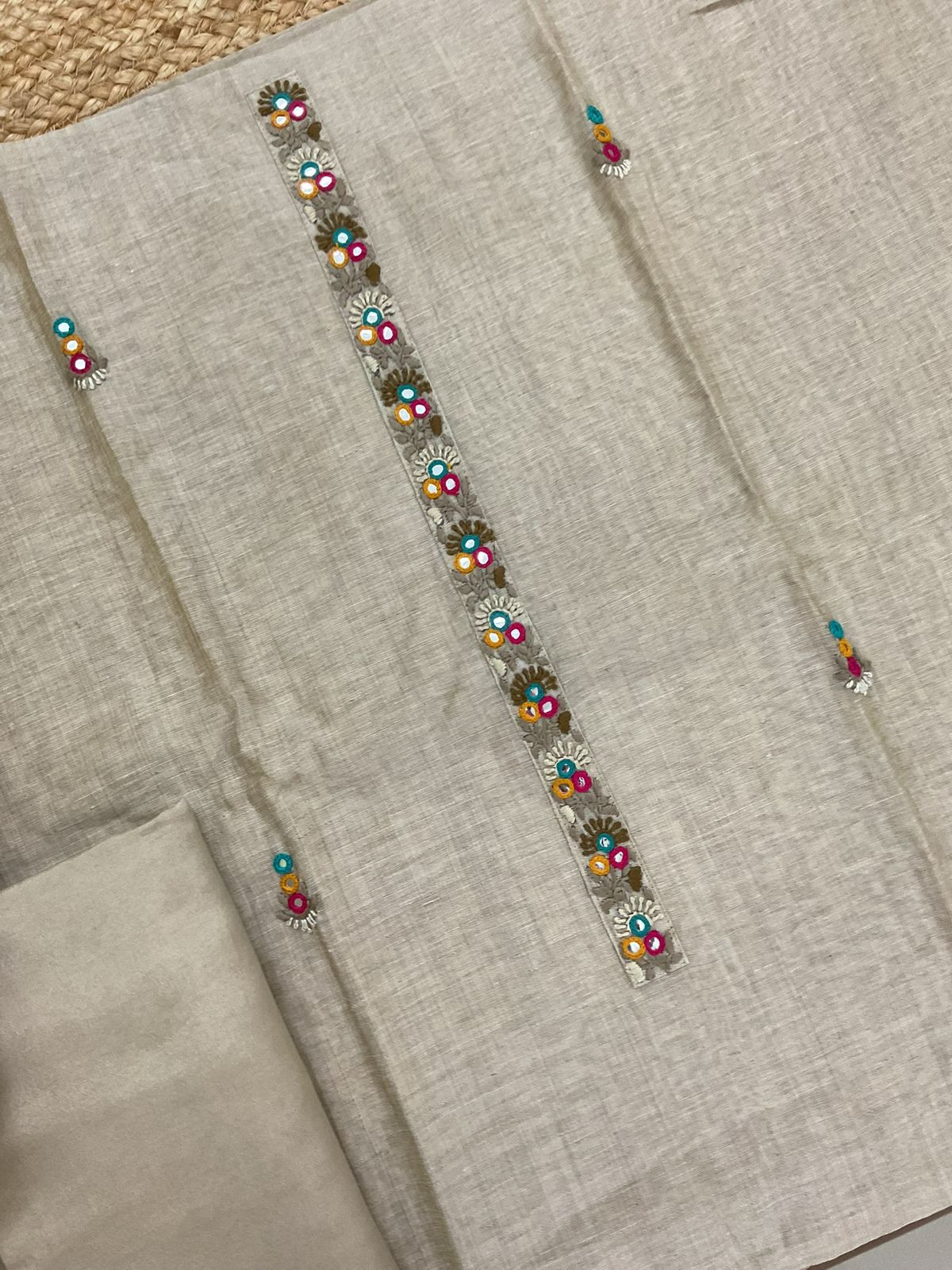 Pure Slub Chanderi Jamdani Weaved Embroidered Suit - Beige
