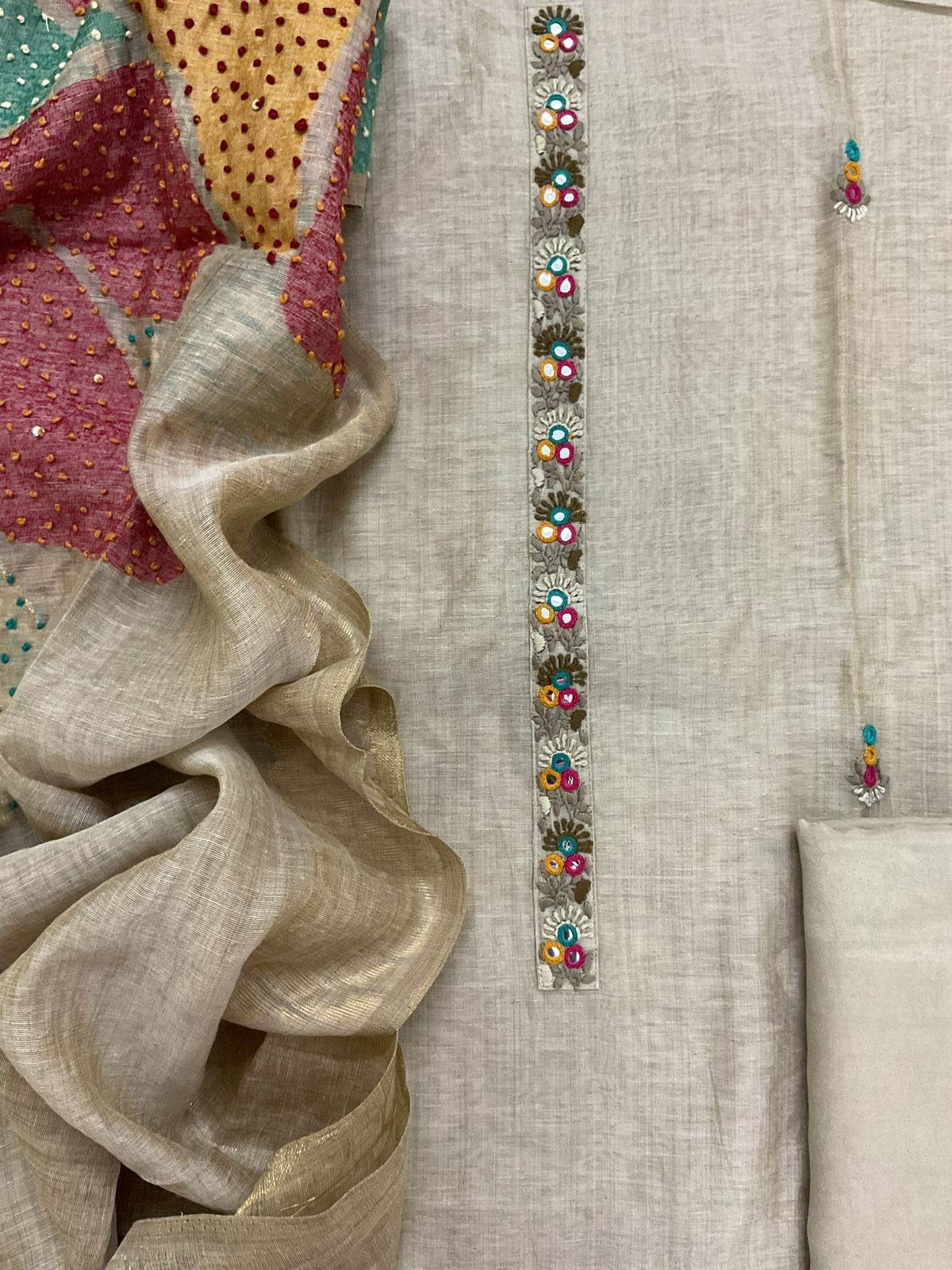 Pure Slub Chanderi Jamdani Weaved Embroidered Suit - Beige