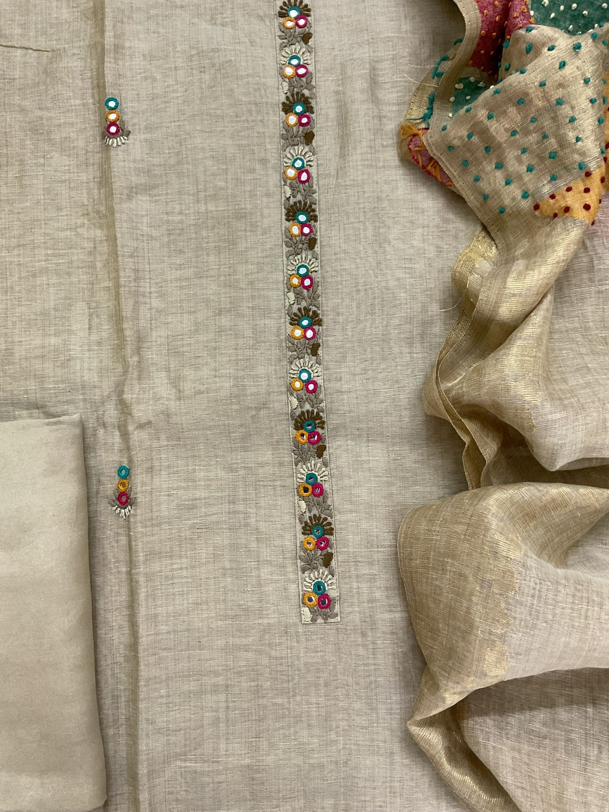 Pure Slub Chanderi Jamdani Weaved Embroidered Suit - Beige