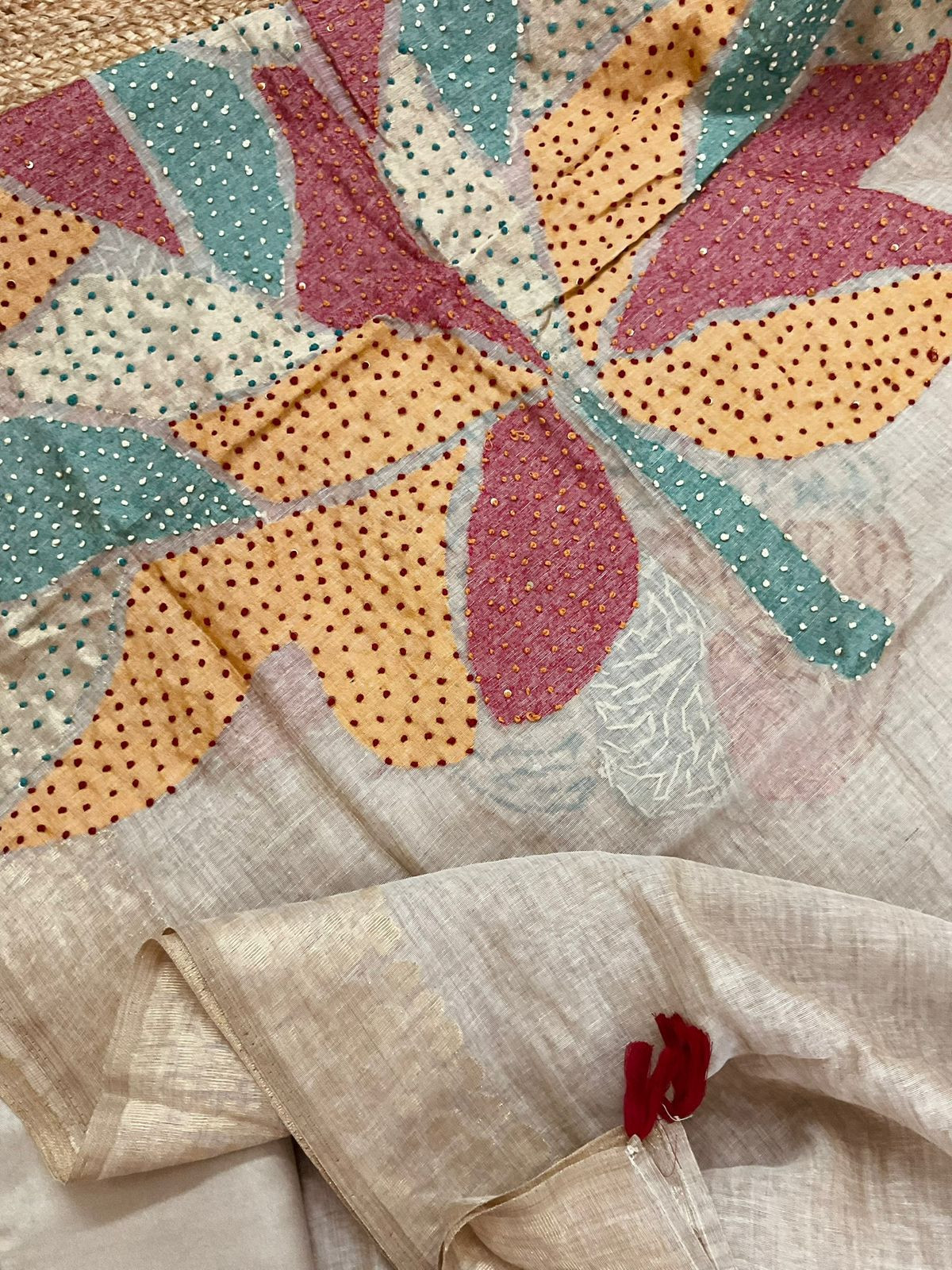 Pure Slub Chanderi Jamdani Weaved Embroidered Suit - Beige