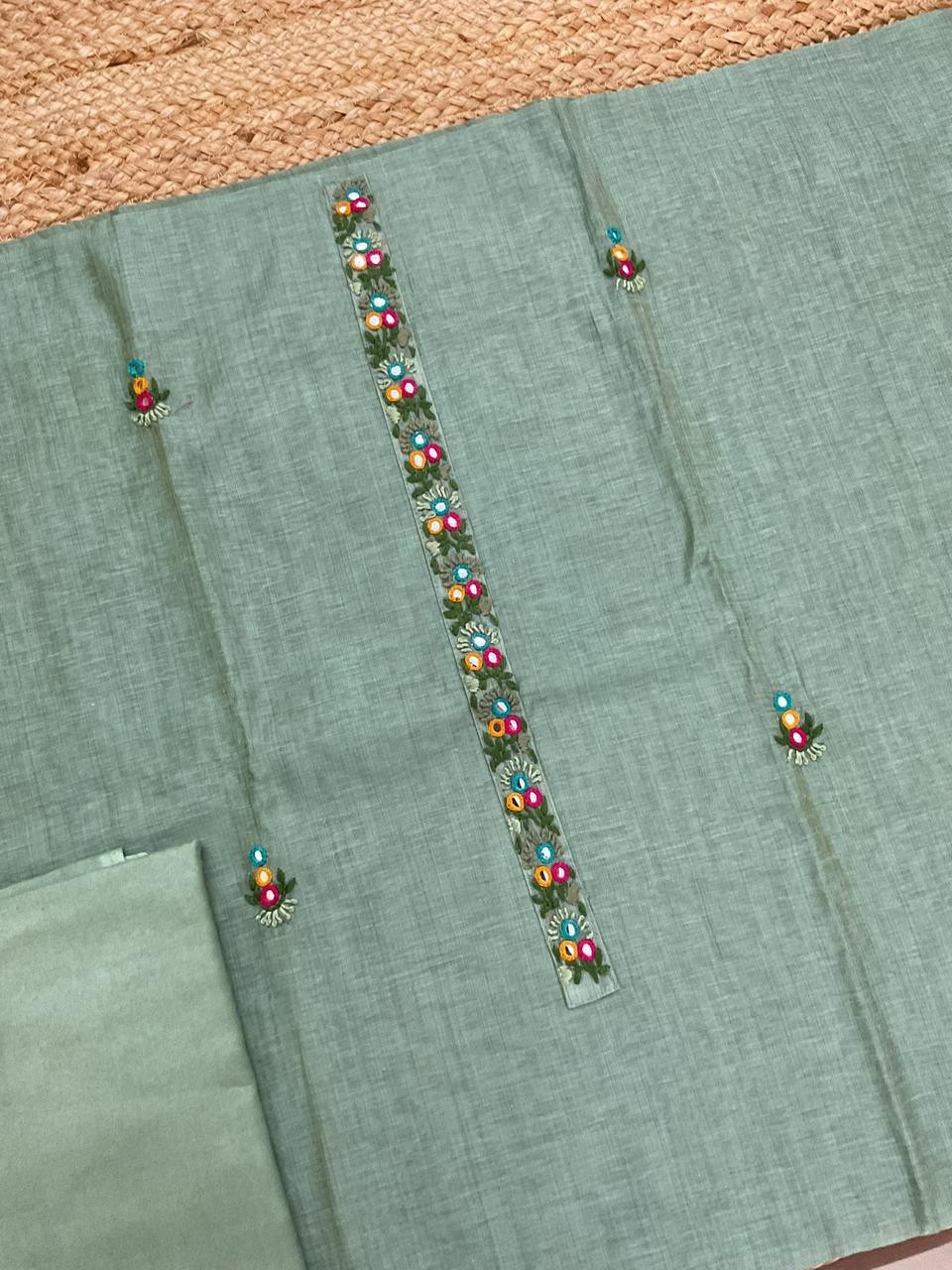 Pure Slub Chanderi Jamdani Weaved Embroidered Suit - Blue