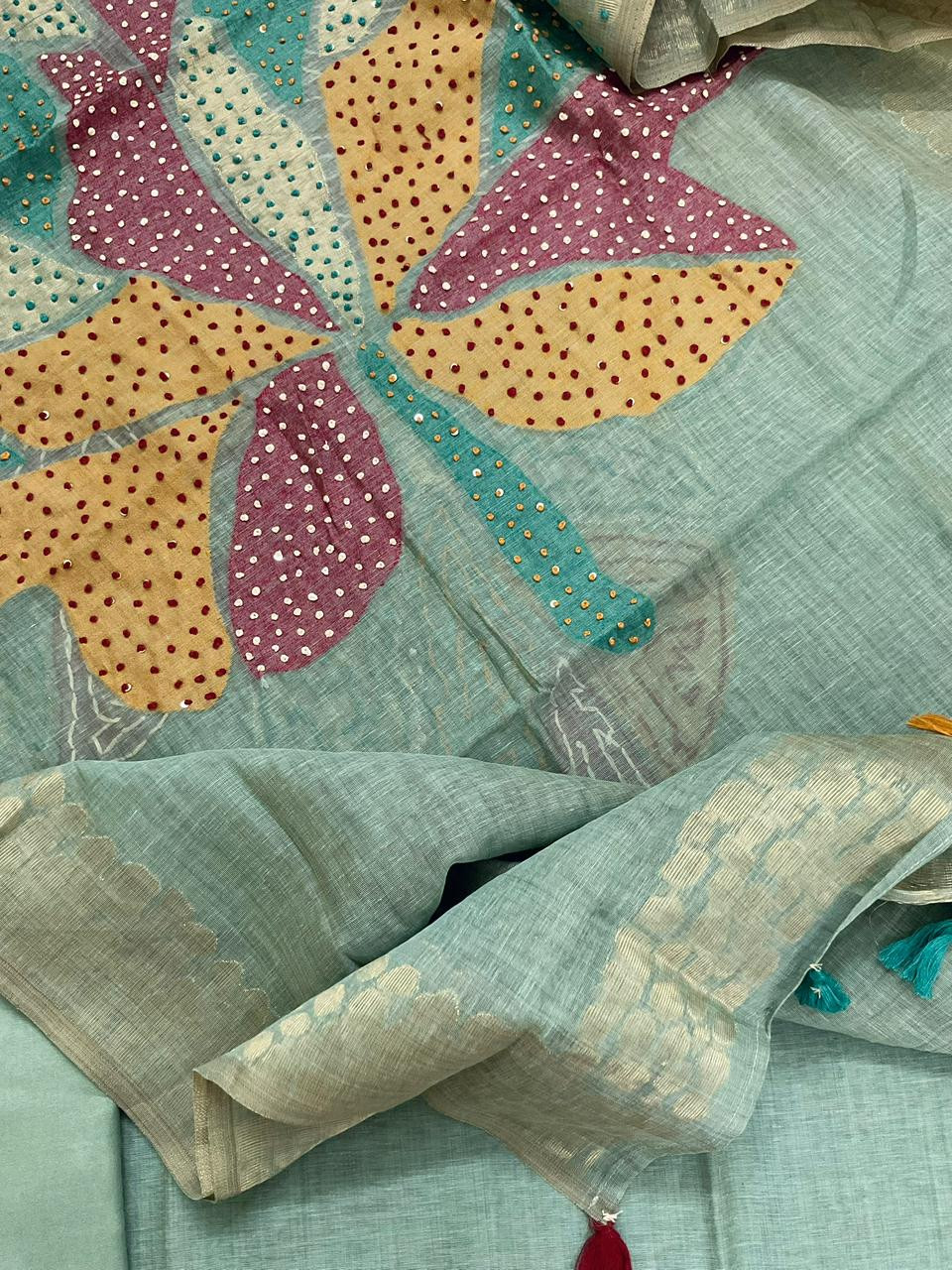 Pure Slub Chanderi Jamdani Weaved Embroidered Suit - Blue