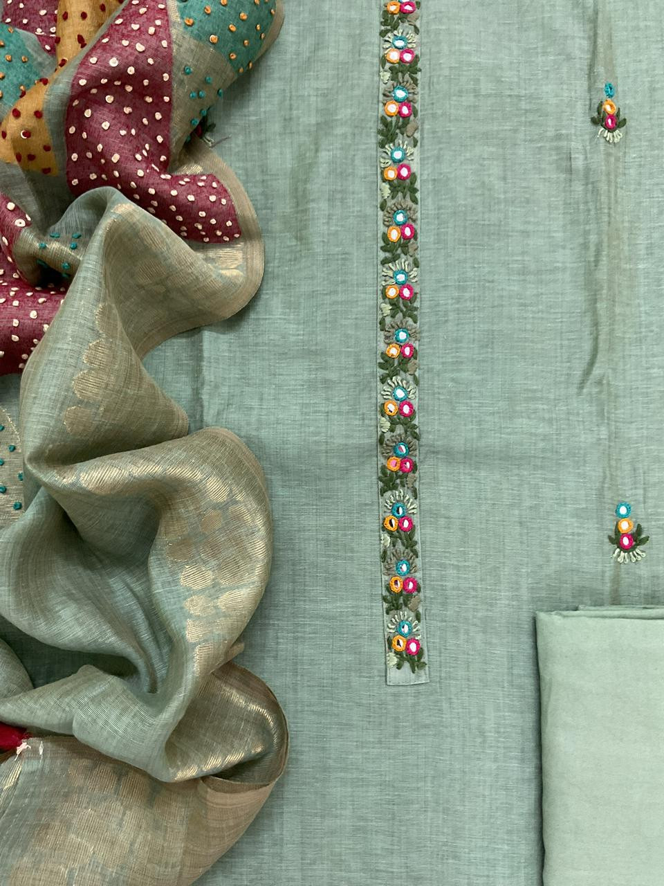 Pure Slub Chanderi Jamdani Weaved Embroidered Suit - Blue