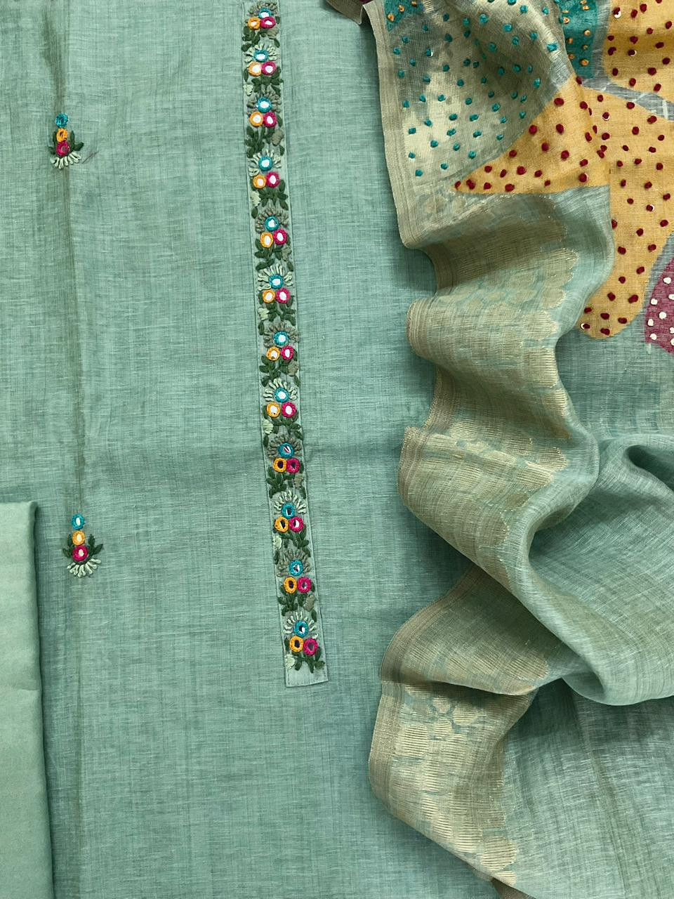 Pure Slub Chanderi Jamdani Weaved Embroidered Suit - Blue