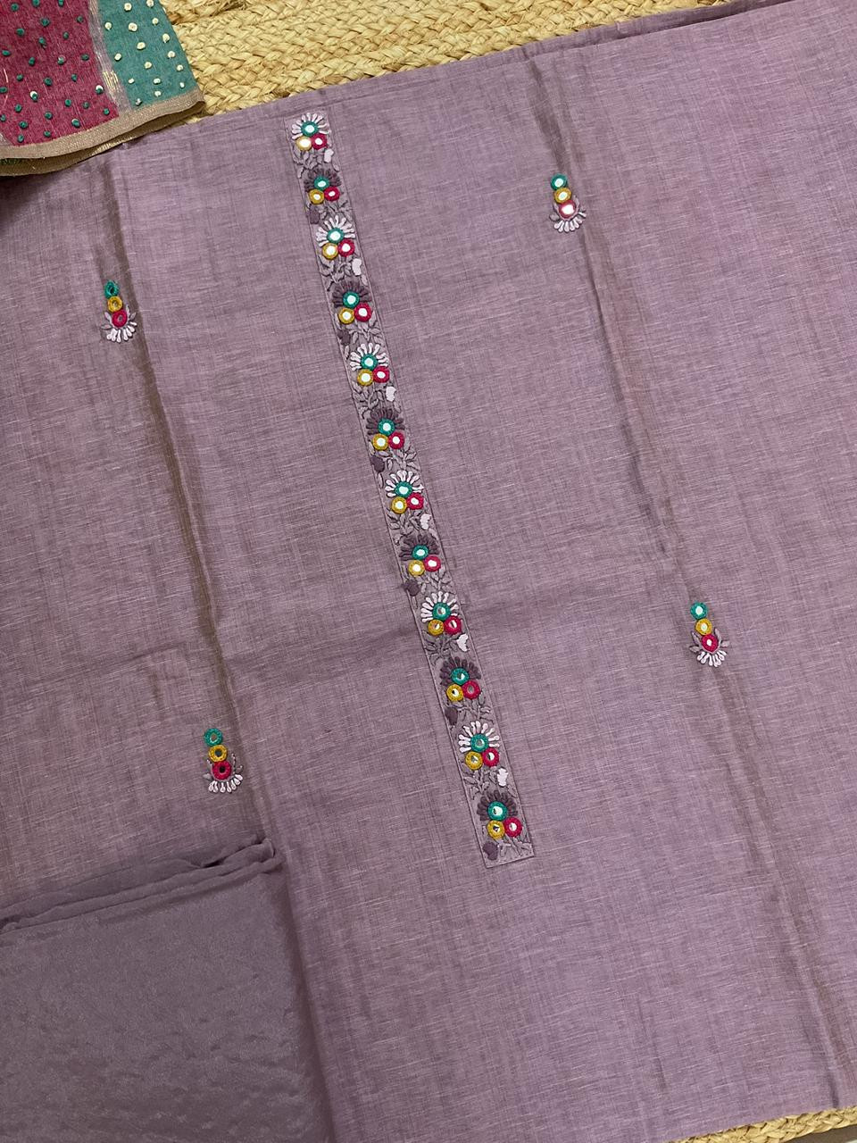 Pure Slub Chanderi Jamdani Weaved Embroidered Suit - Lavender