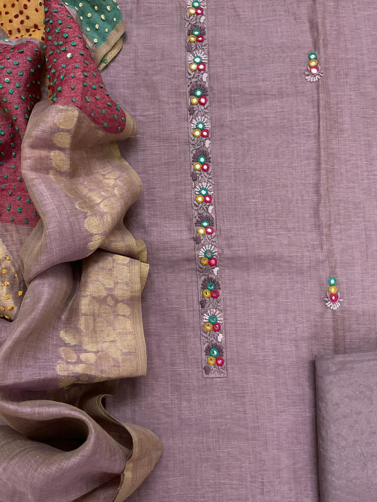 Image of Pure Slub Chanderi Jamdani Weaved Embroidered Suit - Lavender
