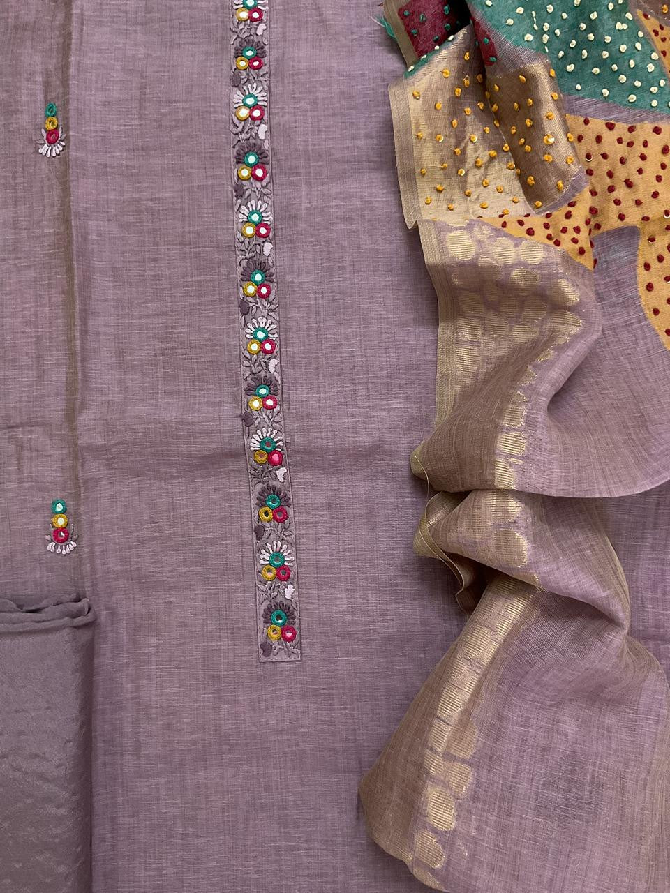 Pure Slub Chanderi Jamdani Weaved Embroidered Suit - Lavender